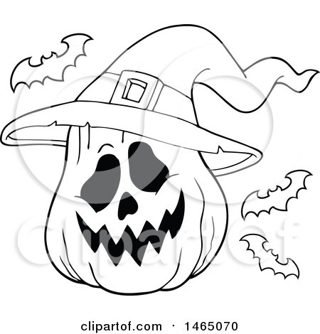 Clipart of a Black and White Halloween Jackolantern with Bats - Royalty Free Vector Illustration by visekart