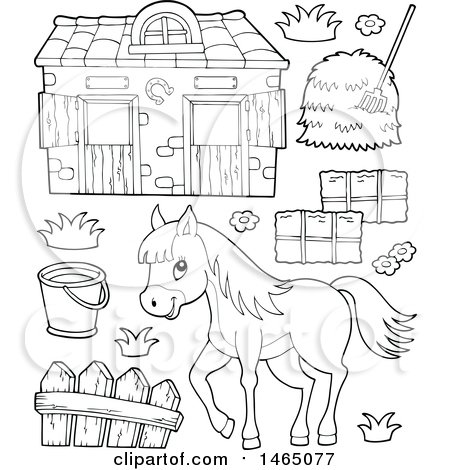 Clipart of a Black and White Horse near a Barn - Royalty Free Vector Illustration by visekart