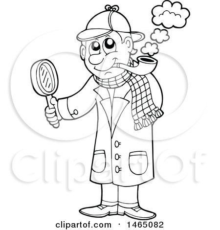 Clipart of a Black and White Detective Smoking a Pipe and Investigating - Royalty Free Vector Illustration by visekart