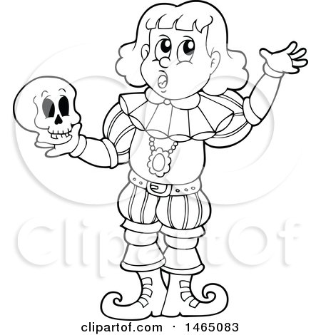 Clipart of a Black and White Male Actor Playing Hamlet and Holding a Skull - Royalty Free Vector Illustration by visekart