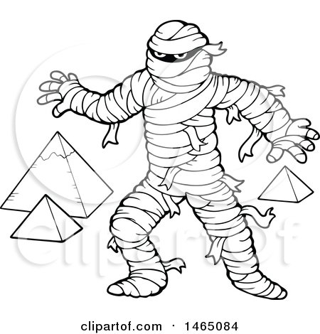 Clipart of a Black and White Mummy and Pyramids - Royalty Free Vector Illustration by visekart