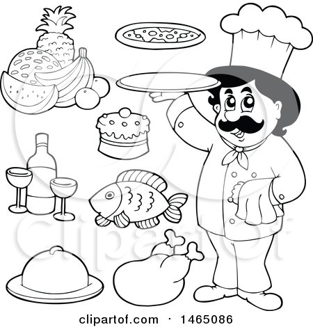 Clipart of a Black and White Chef with Foods - Royalty Free Vector Illustration by visekart
