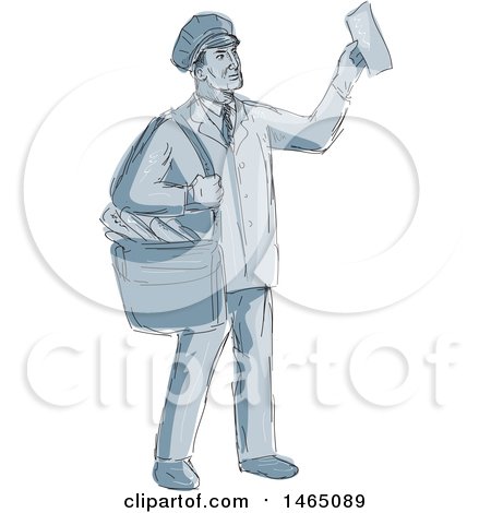 Clipart of a Sketched Retro Mailman Holding up an Envelope - Royalty Free Vector Illustration by patrimonio