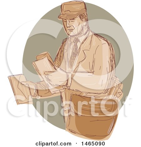Clipart of a Sketched Vintage Post Man Delivering Mail - Royalty Free Vector Illustration by patrimonio