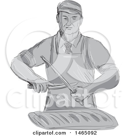 Clipart of a Sketched Grayscale Retro Butcher Sharpening a Knife over a Cut of Meat - Royalty Free Vector Illustration by patrimonio