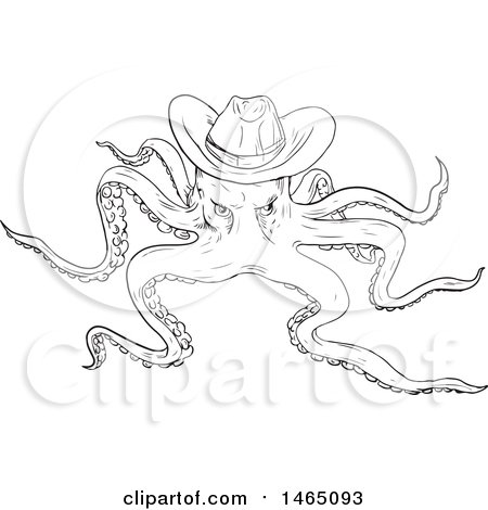Clipart of a Sketched Octopus Wearing a Cowboy Hat - Royalty Free Vector Illustration by patrimonio