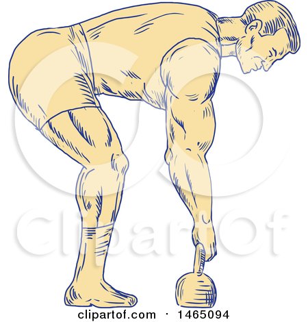 Clipart of a Sketched Retro Bodybuilder in Profile, Bending over to Grab a Kettlebell - Royalty Free Vector Illustration by patrimonio