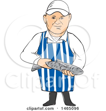 Clipart of a Sketched Male Fishmonger Holding a Small Fish - Royalty Free Vector Illustration by patrimonio