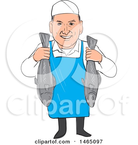 Clipart of a Sketched Male Fishmonger Holding Fish - Royalty Free Vector Illustration by patrimonio