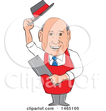 Clipart of a Sketched Male Butcher Holding a Meat Cleaver and Holding His Hat - Royalty Free Vector Illustration by patrimonio
