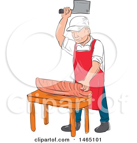 Clipart of a Sketched Male Butcher Cutting Meat on a Chopping Block - Royalty Free Vector Illustration by patrimonio