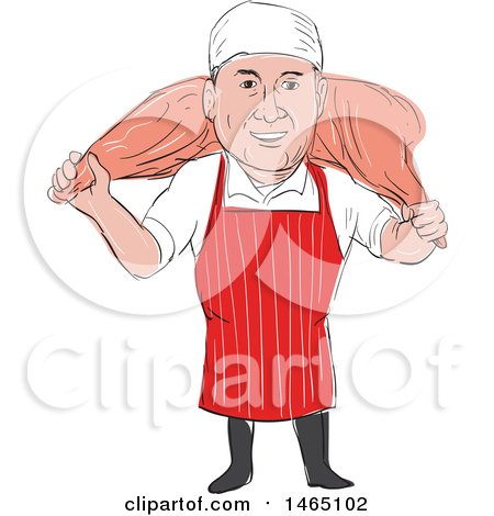 Clipart of a Sketched Male Butcher Carrying a Leg of Ham over His Shoulders - Royalty Free Vector Illustration by patrimonio
