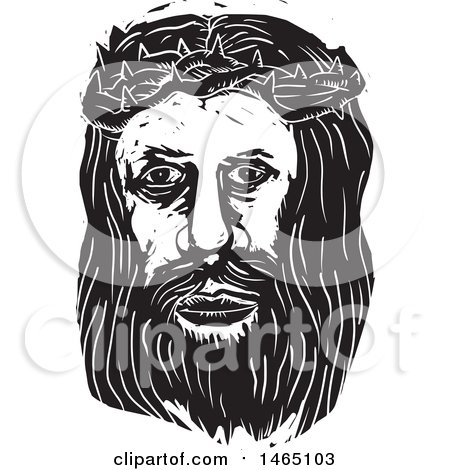 Clipart of the Face of Jesus Christ with Thorns, in Black and White Woodcut Style - Royalty Free Vector Illustration by patrimonio