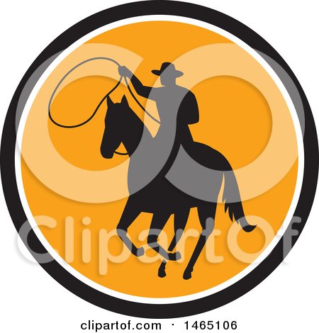 Clipart of a Retro Silhouetted Roping Cowboy in Horseback in a Black White and Orange Circle - Royalty Free Vector Illustration by patrimonio