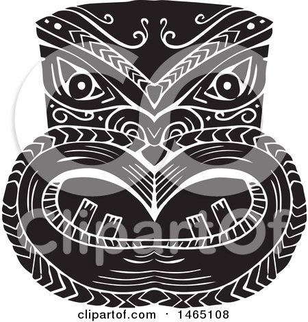 Clipart of a New Zealand Maori Koruru Tiki Mask in Black and White Woodcut Style - Royalty Free Vector Illustration by patrimonio