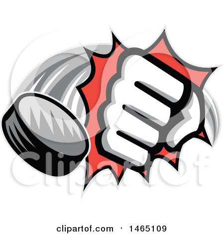 Clipart of a Fisted Hand Breaking Through a Wall and a Hockey Puck - Royalty Free Vector Illustration by patrimonio