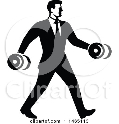 Clipart of a Business Man in a Suit, Power Walking and Carrying Dumbbells, in Retro Black and White Style - Royalty Free Vector Illustration by patrimonio