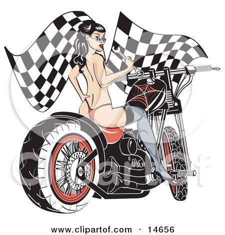 Sexy Topless Brunette Woman In A Red Thong, Stockings And Heels, Looking Back Over Her Shoulder And Holding A Wrench While Sitting On A Motorcycle And Racing Flags In The Background Clipart Illustration by Andy Nortnik