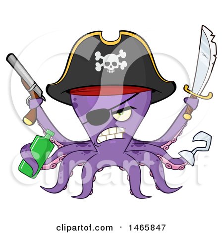 Clipart of a Tough Purple Pirate Octopus Holding a Bottle, Sword and Pistol - Royalty Free Vector Illustration by Hit Toon