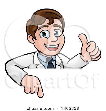 Clipart of a Happy White Male Scientist Giving a Thumb up over a Sign - Royalty Free Vector Illustration by AtStockIllustration