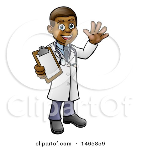 Clipart of a Happy Black Male Scientist Waving and Holding a Clipboard - Royalty Free Vector Illustration by AtStockIllustration