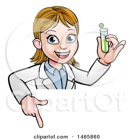 Clipart of a Cartoon Friendly White Female Scientist Holding a Test Tube and Pointing down over a Sign - Royalty Free Vector Illustration by AtStockIllustration