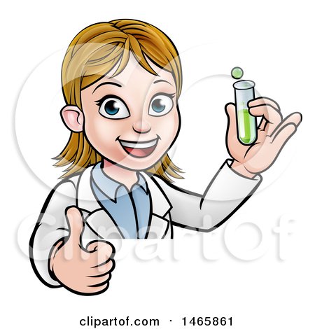 Clipart of a Cartoon Friendly White Female Scientist Holding a Test Tube and Giving a Thumb up over a Sign - Royalty Free Vector Illustration by AtStockIllustration