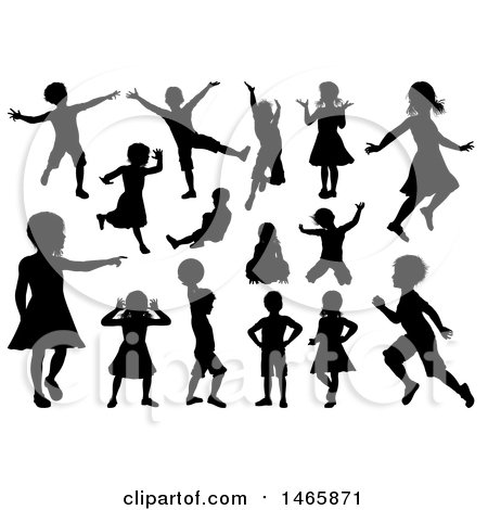 Clipart of Black Silhouetted Boys and Girls Playing - Royalty Free Vector Illustration by AtStockIllustration