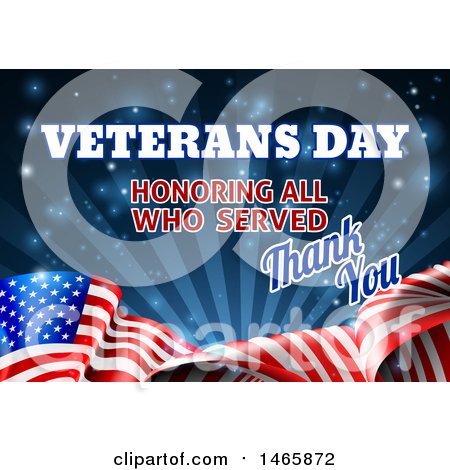 Clipart of a 3d Waving American Flag with Veterans Day Honoring All Who Served Thank You Text and Blue Sparkles and Rays - Royalty Free Vector Illustration by AtStockIllustration