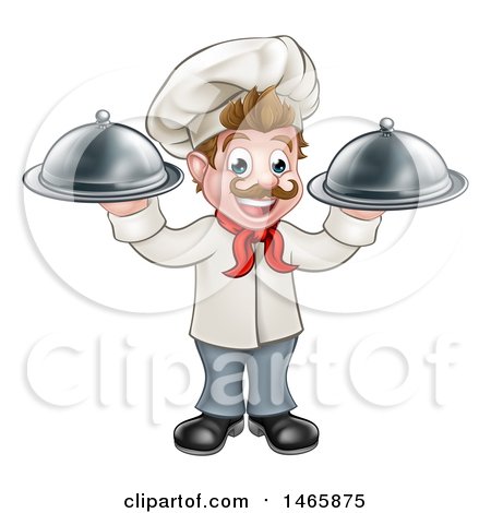 Clipart of a Cartoon Full Length Happy Young White Male Chef Holding Cloche Platters - Royalty Free Vector Illustration by AtStockIllustration