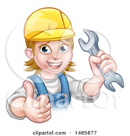 Clipart of a Cartoon Happy White Female Mechanic Wearing a Hard Hat, Holding up a Wrench and Giving a Thumb up - Royalty Free Vector Illustration by AtStockIllustration