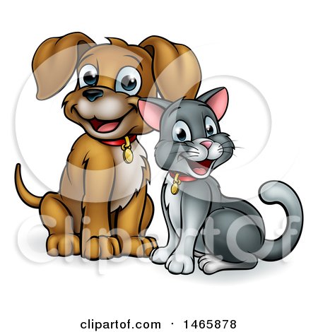 Clipart of a Cute Puppy Dog and Cat Sitting - Royalty Free Vector Illustration by AtStockIllustration