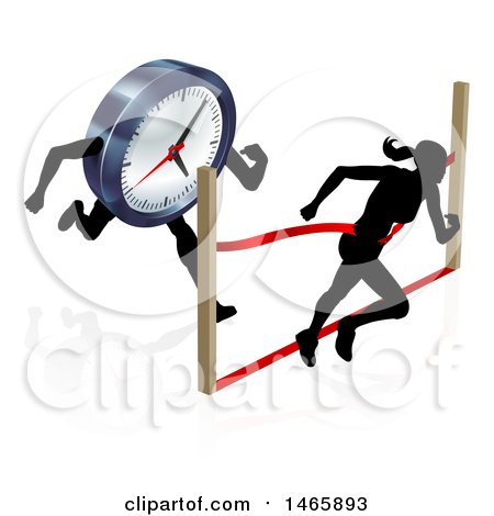 Clipart of a Silhouetted Woman Racing Against the Clock, Running Through a Finish Line - Royalty Free Vector Illustration by AtStockIllustration