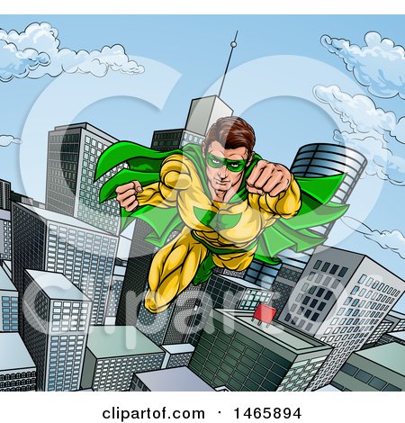 Clipart of a Pop Art Comic Male Super Hero Flying Forward over a City - Royalty Free Vector Illustration by AtStockIllustration