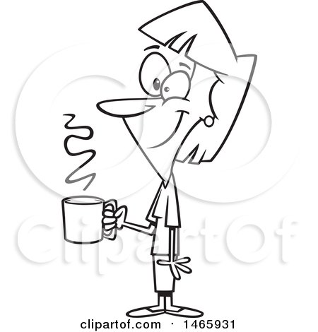Clipart of a Cartoon Lineart Happy Woman Holding a Cup of Coffee on a Break - Royalty Free Vector Illustration by toonaday