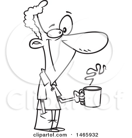 Clipart of a Cartoon Lineart Happy Man Holding a Coffee Cup on a Break - Royalty Free Vector Illustration by toonaday
