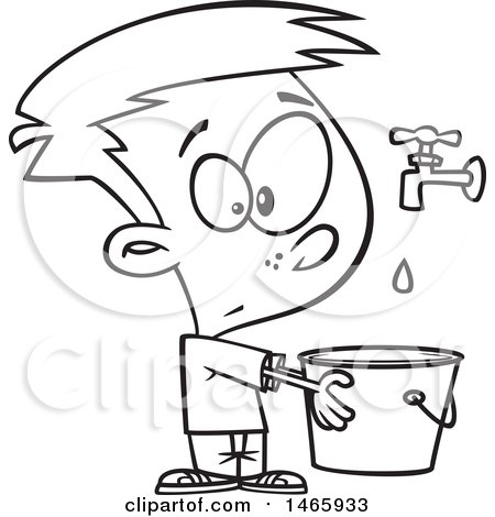 Clipart of a Cartoon Lineart Boy Holding a Pail Under a Faucet, Drop in the Bucket - Royalty Free Vector Illustration by toonaday