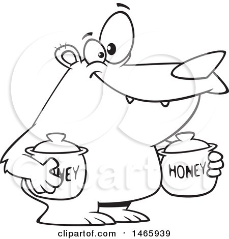 Clipart of a Cartoon Lineart Bear Carrying Honey Jars - Royalty Free Vector Illustration by toonaday
