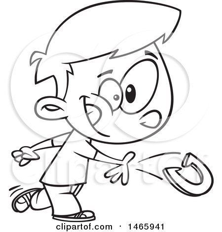 Clipart of a Cartoon Lineart Boy Boy Playing Horseshoes - Royalty Free Vector Illustration by toonaday