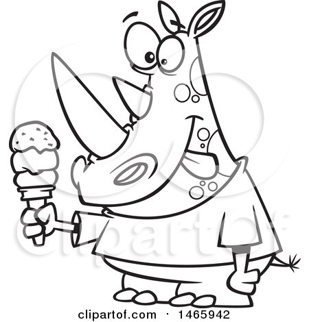 Clipart of a Cartoon Lineart Rhinoceros Holding an Ice Cream Cone and Licking His Lips - Royalty Free Vector Illustration by toonaday