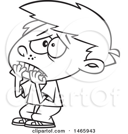 Clipart of a Cartoon Lineart Scared Boy Biting His Finger Nails - Royalty Free Vector Illustration by toonaday