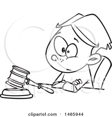 Clipart of a Cartoon Lineart Boy Judge Sitting with a Gavel - Royalty Free Vector Illustration by toonaday