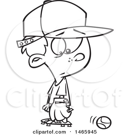 Clipart of a Cartoon Lineart Baseball Player Boy Looking at a Ball - Royalty Free Vector Illustration by toonaday