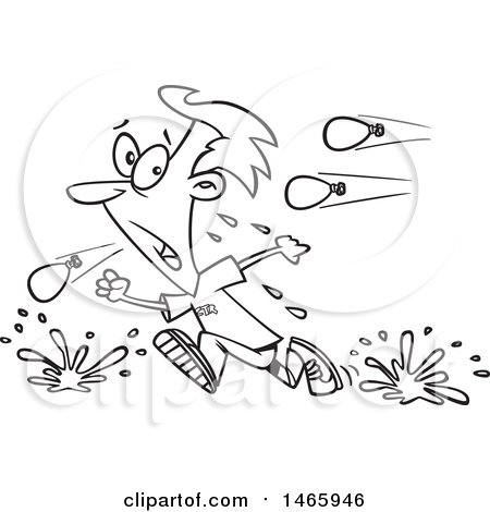 Clipart of a Cartoon Lineart Man Retreating from a Water Balloon Fight - Royalty Free Vector Illustration by toonaday