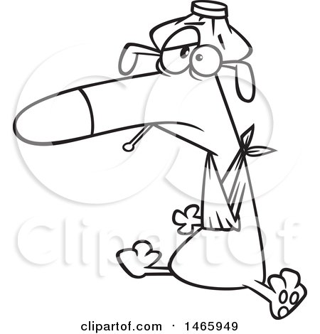 Clipart of a Cartoon Lineart Sick Puppy Dog - Royalty Free Vector Illustration by toonaday