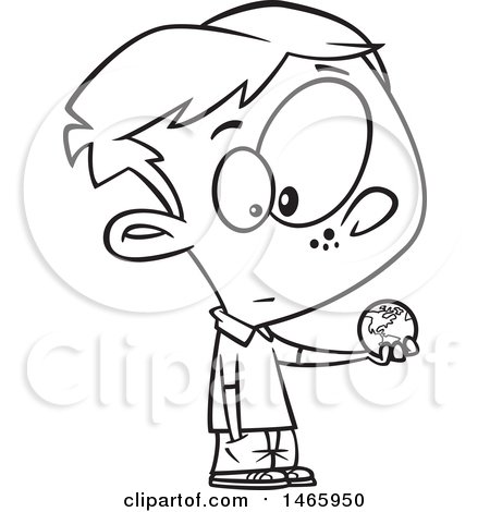 Clipart of a Cartoon Lineart Boy Holding a Small World - Royalty Free Vector Illustration by toonaday