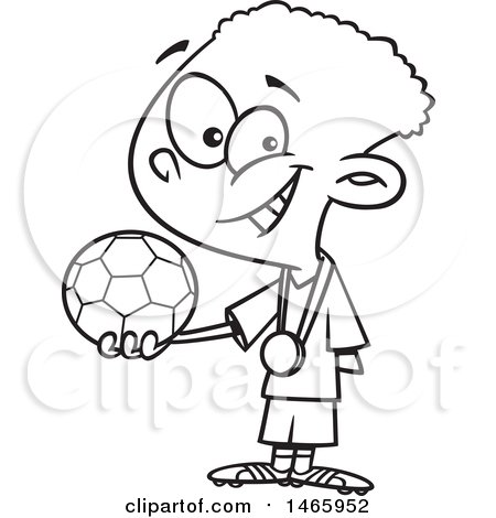 Clipart of a Cartoon Lineart Boy Soccer Champion Holding a Ball - Royalty Free Vector Illustration by toonaday