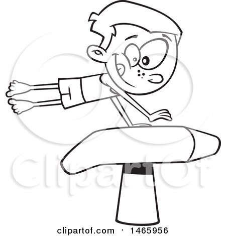 Clipart of a Cartoon Lineart Boy Gymnast on a Vaulting Horse - Royalty Free Vector Illustration by toonaday