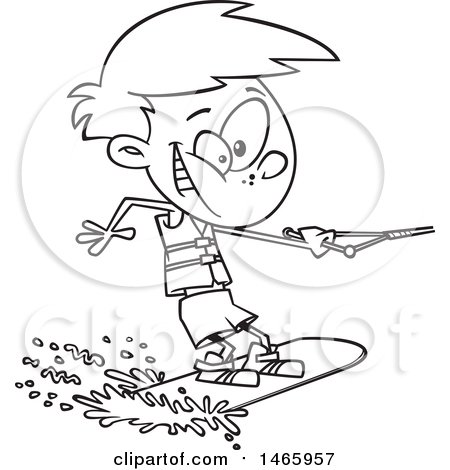 Clipart of a Cartoon Lineart Boy Wakeboarding - Royalty Free Vector Illustration by toonaday