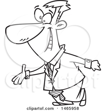 Clipart of a Cartoon Lineart Welcoming Business Man Holdig out a Hand - Royalty Free Vector Illustration by toonaday